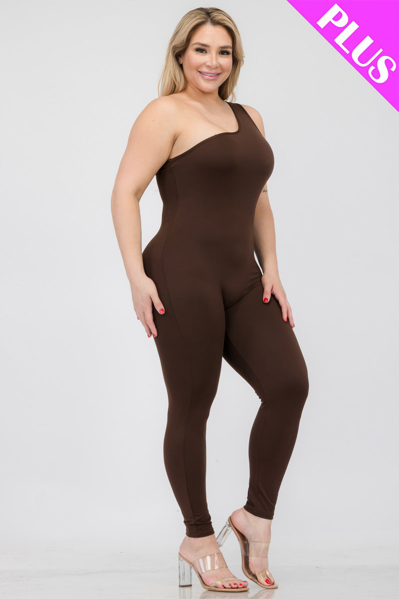 Plus Size Solid Color One Shoulder Jumpsuit