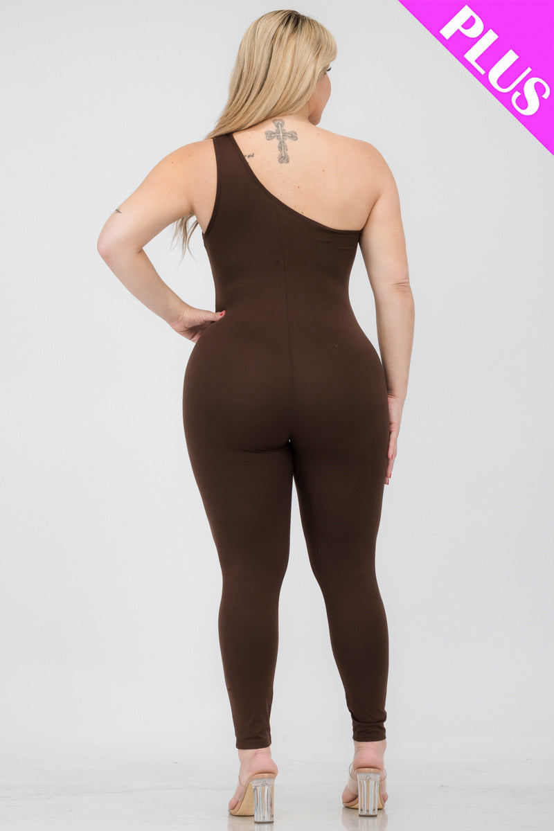 Plus Size Solid Color One Shoulder Jumpsuit