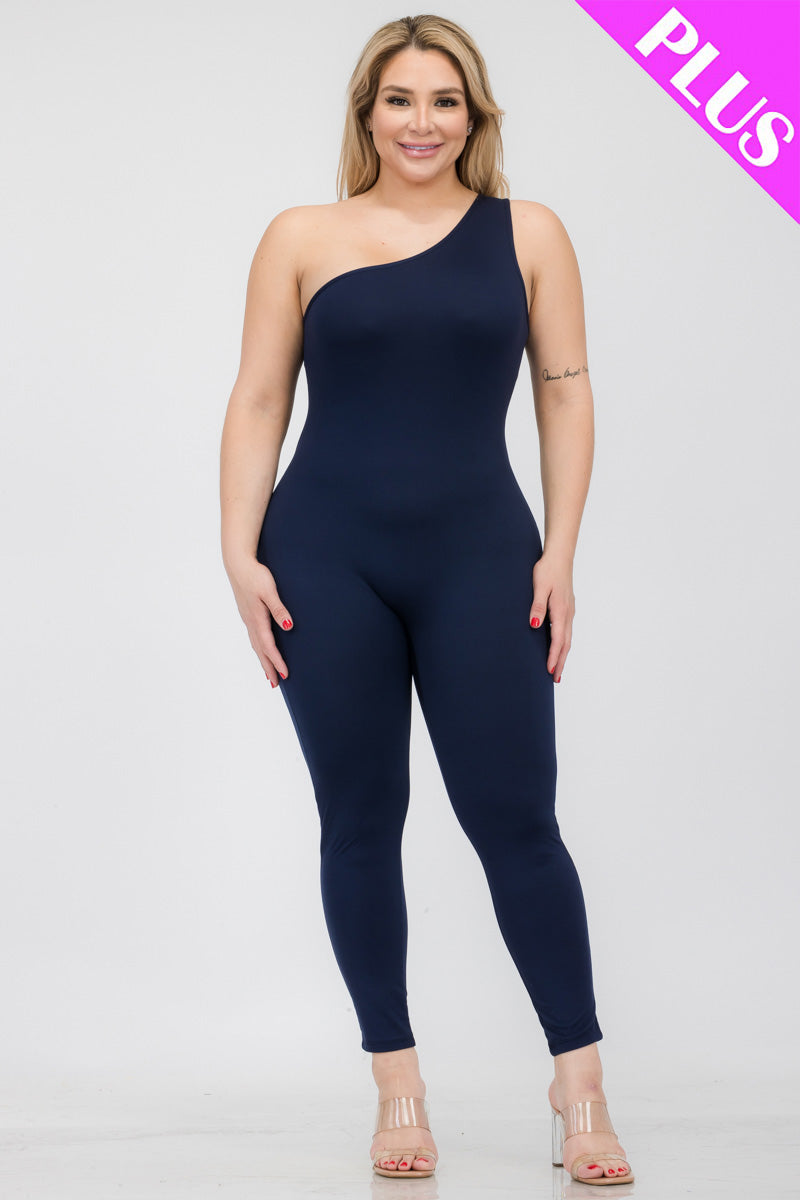 Plus Size Solid Color One Shoulder Jumpsuit