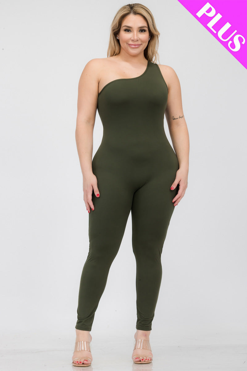 Plus Size Solid Color One Shoulder Jumpsuit