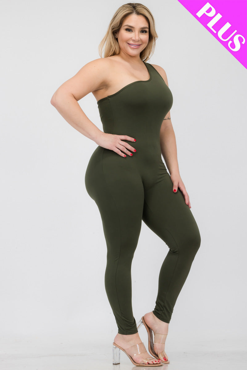 Plus Size Solid Color One Shoulder Jumpsuit