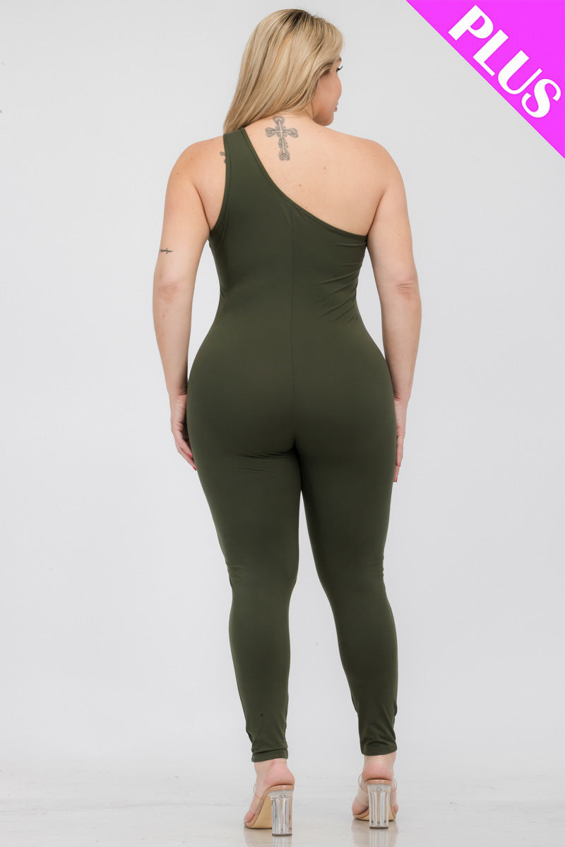 Plus Size Solid Color One Shoulder Jumpsuit