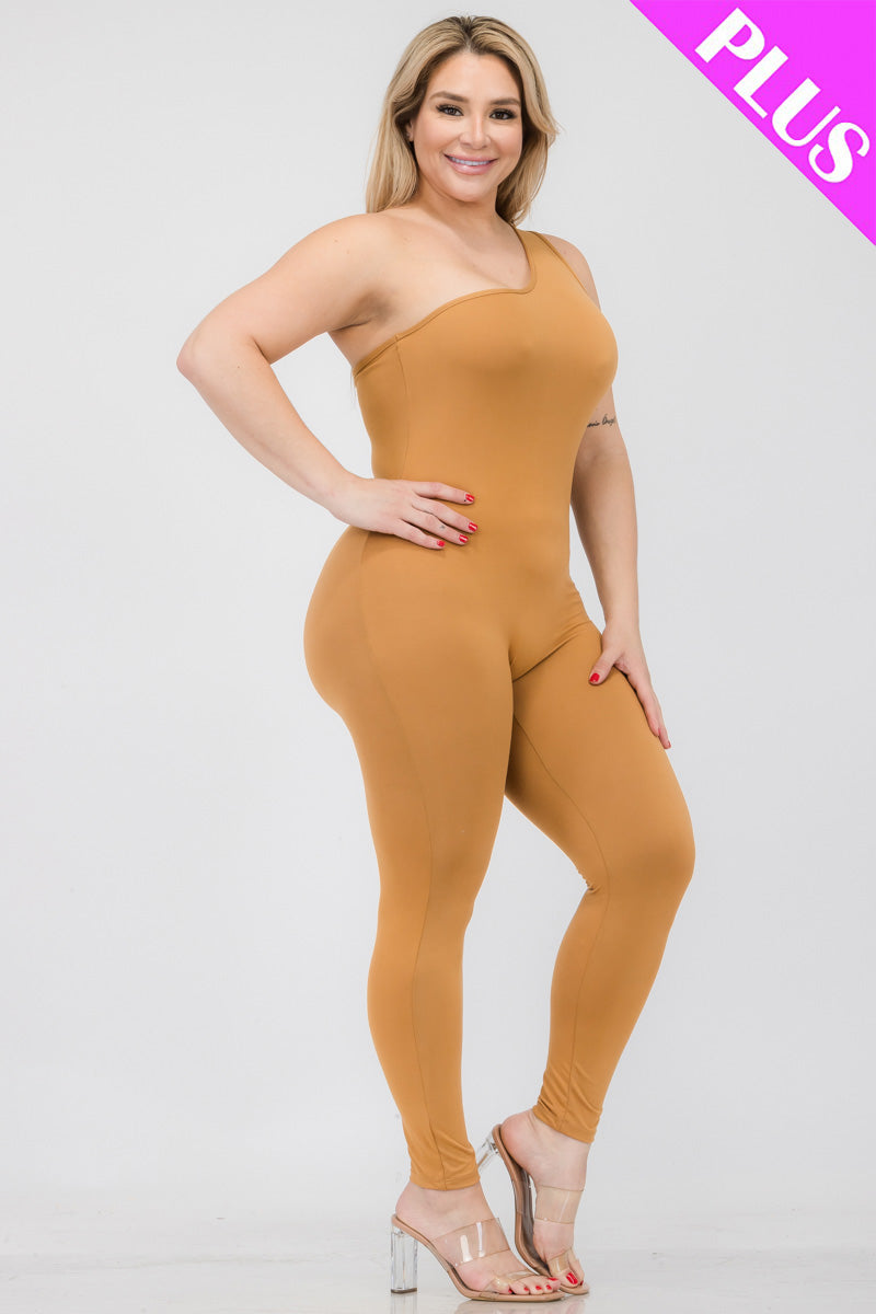 Plus Size Solid Color One Shoulder Jumpsuit