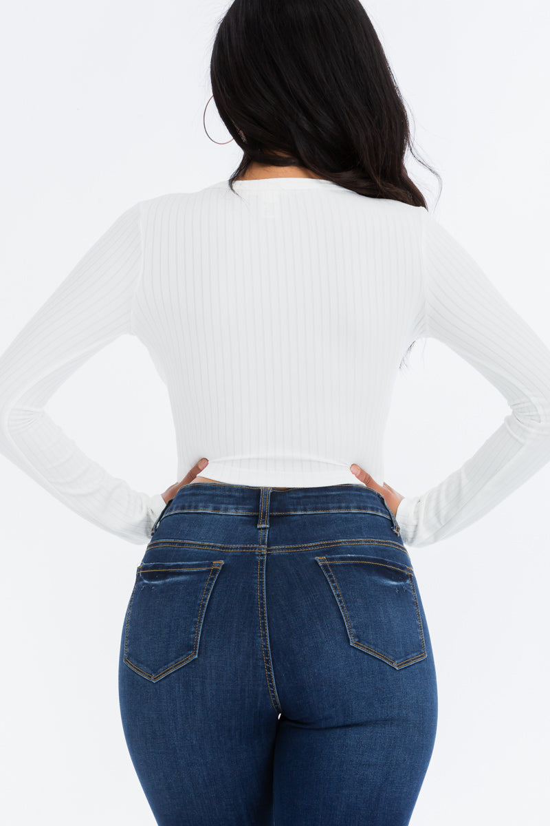 Ribbed Long Sleeve Snap Button Down Crop Top