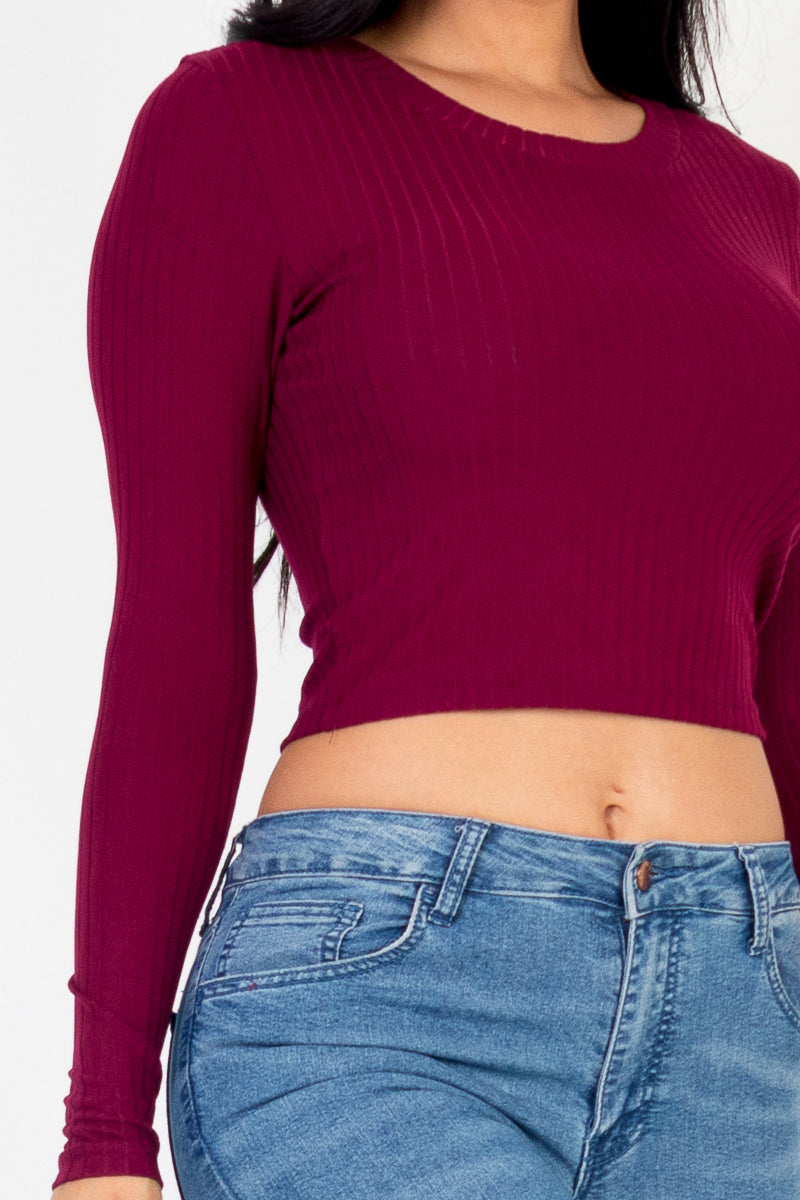 Long Sleeve Round Neck Basic Crop Top
