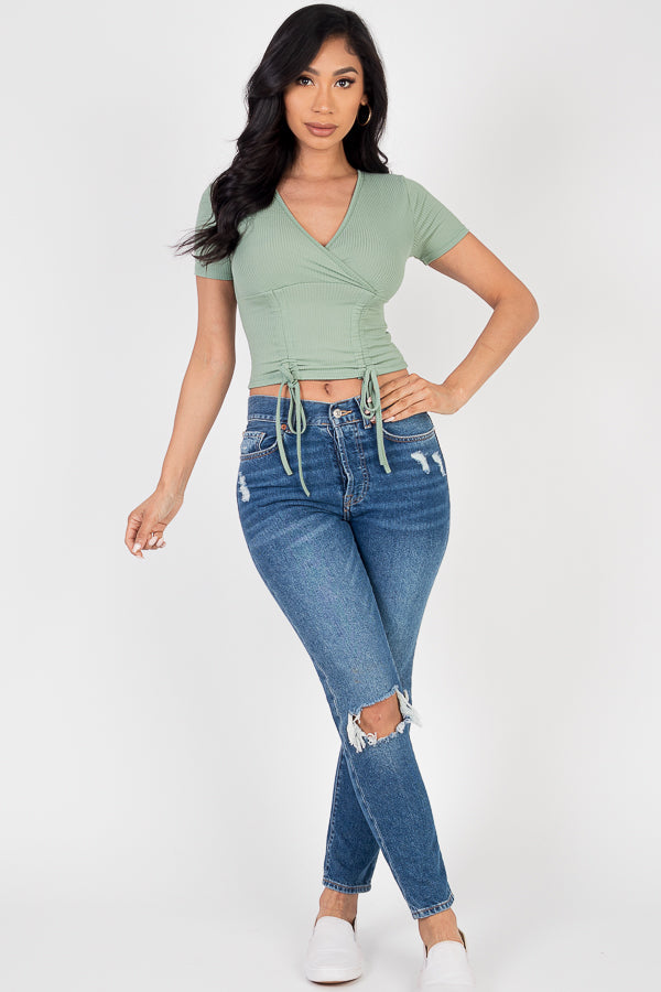 Ribbed Ruched Drawstring Surplice Top