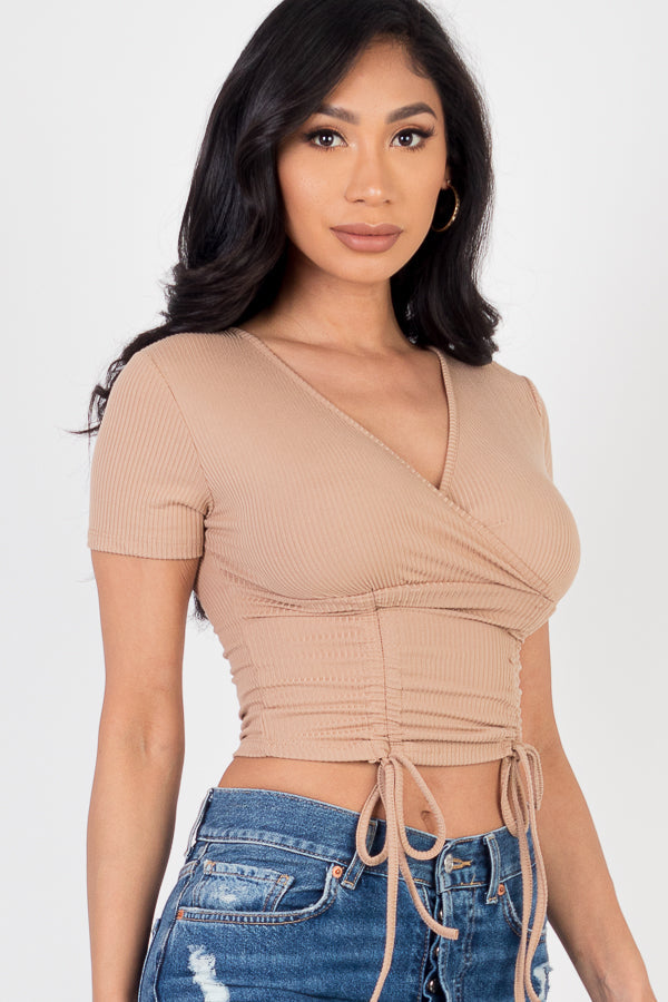 Ribbed Ruched Drawstring Surplice Top