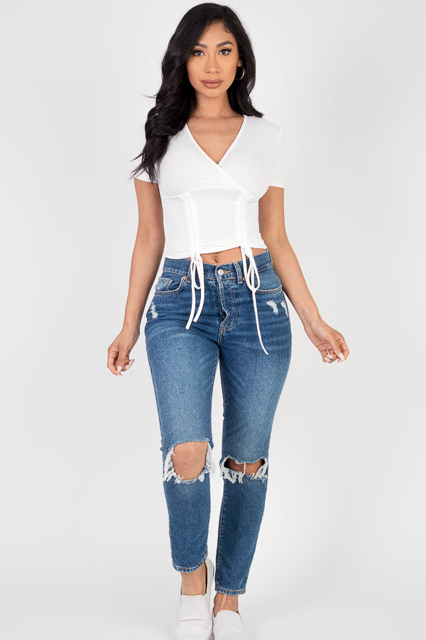 Ribbed Ruched Drawstring Surplice Top