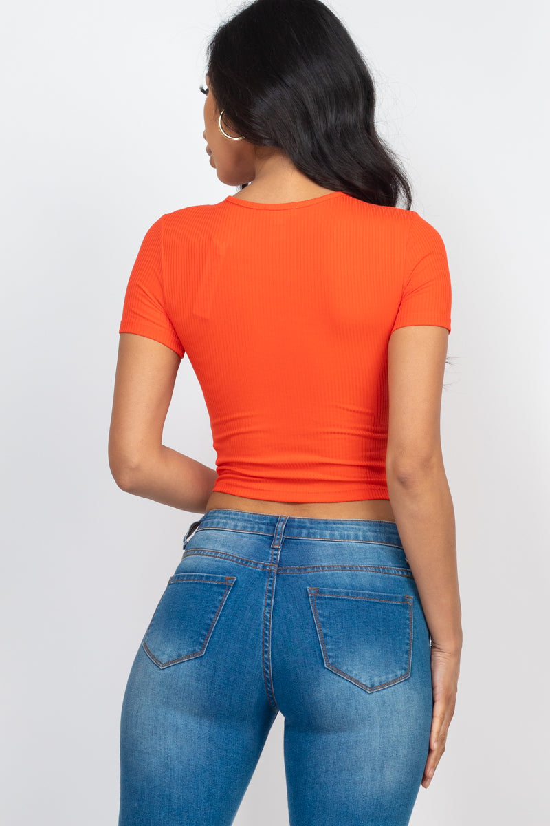 Ribbed Ruched Drawstring Surplice Top