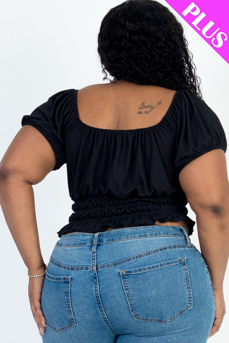 Plus Size Casual Ruched Puff Sleeve Ribbed Knit Solid Top