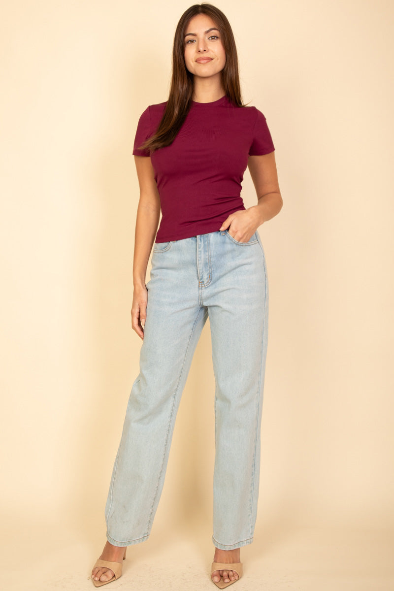 Ribbed Round Neck Short Sleeve Top