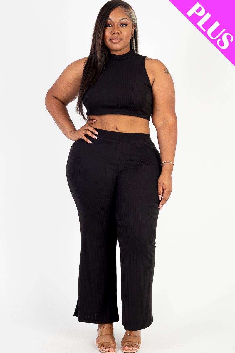 Plus Size Ribbed Mock Neck Crop Tank Top& Bootcut Pants Set