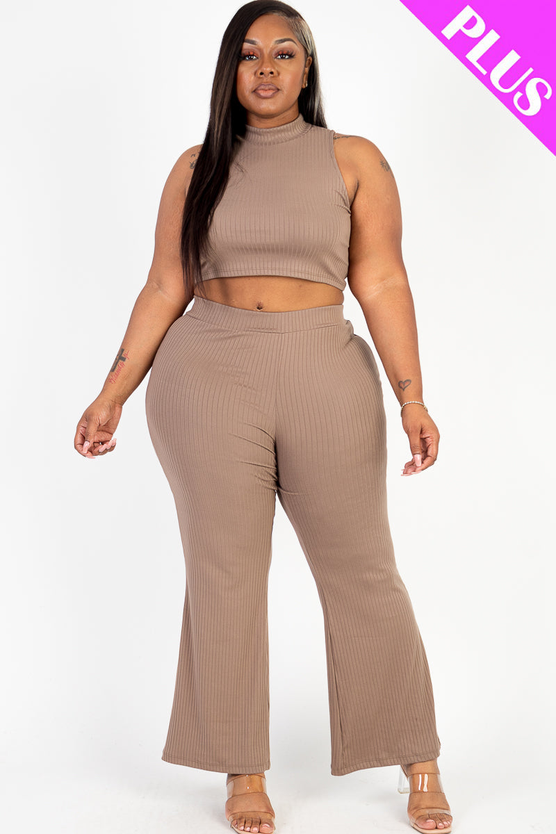 Plus Size Ribbed Mock Neck Crop Tank Top& Bootcut Pants Set
