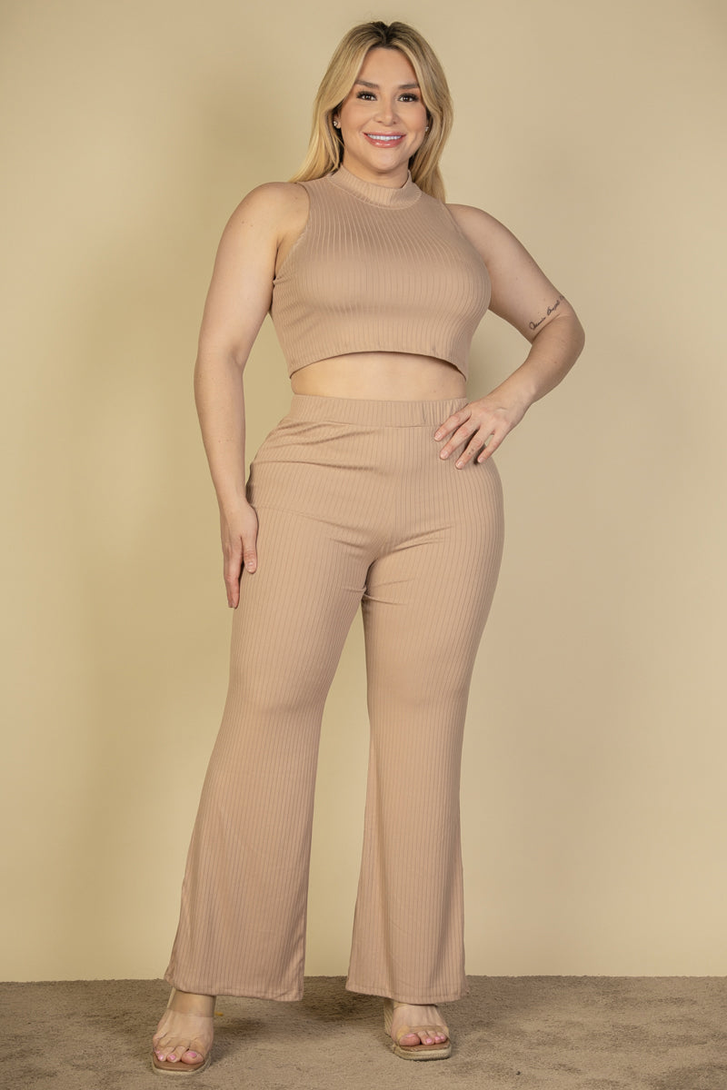 Plus Size Ribbed Mock Neck Crop Tank Top& Bootcut Pants Set