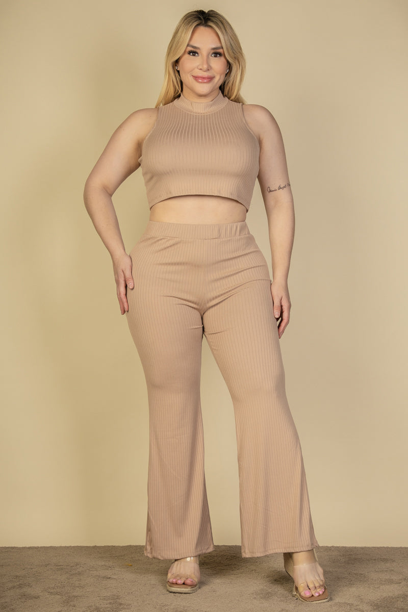 Plus Size Ribbed Mock Neck Crop Tank Top& Bootcut Pants Set