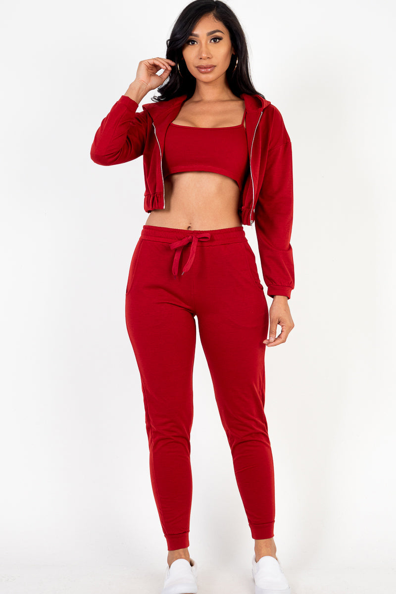 French Terry Cropped Cami with Zip-up Jacket and Joggers Set