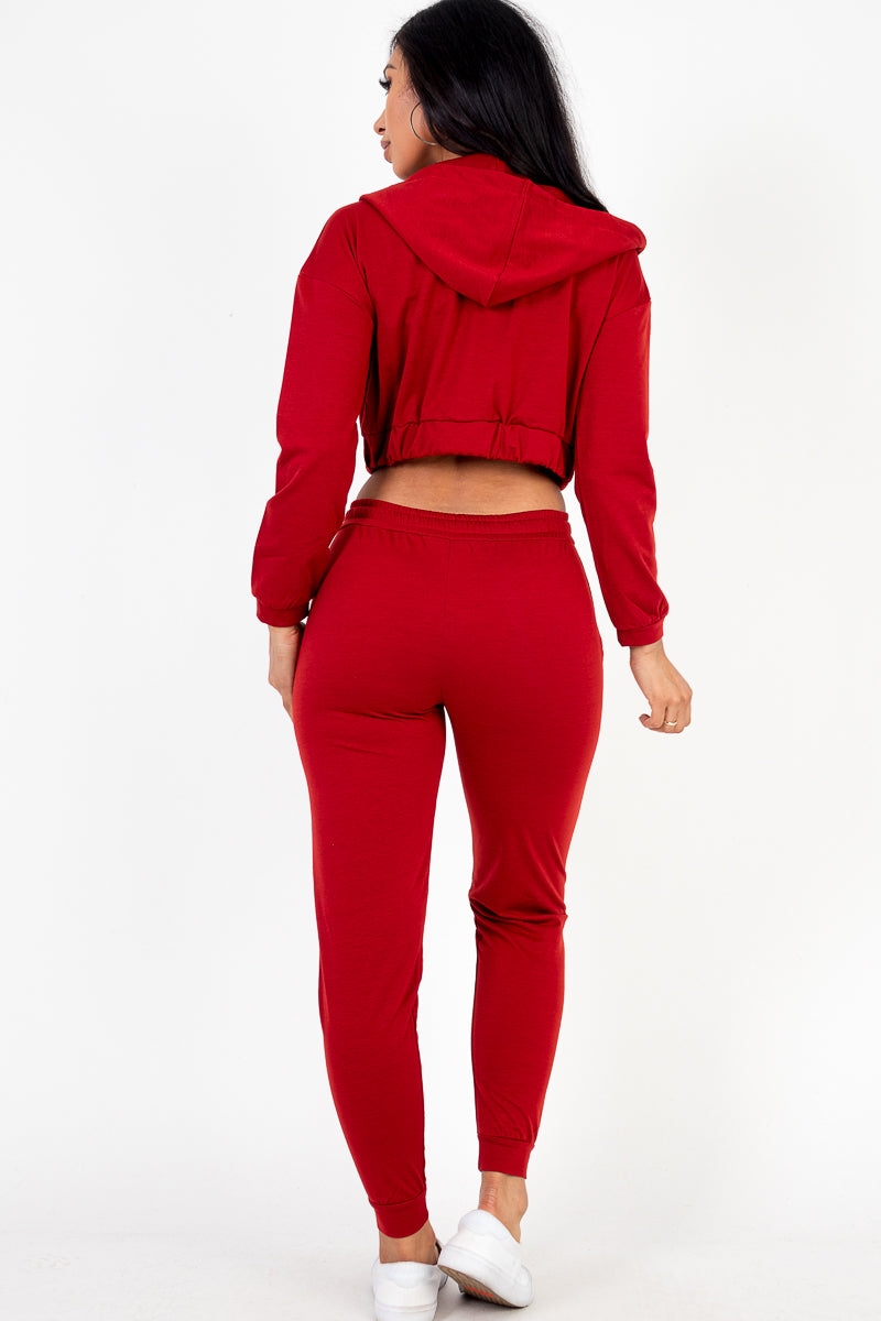 French Terry Cropped Cami with Zip-up Jacket and Joggers Set
