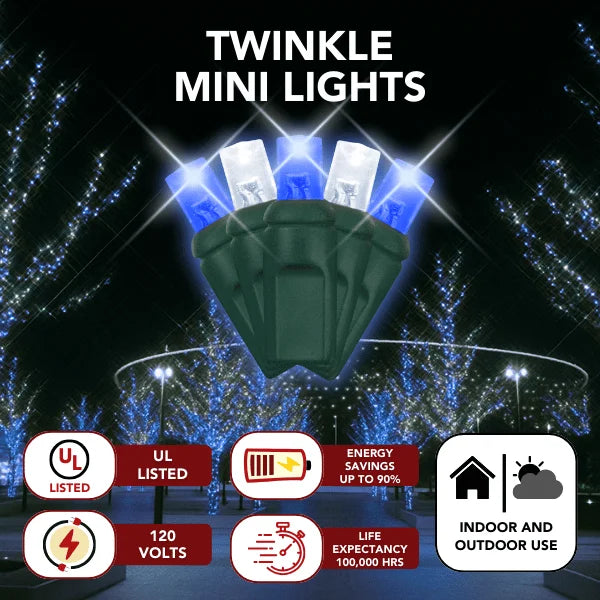 LED Mini Lights 5MM Blue/Cool White Twinkle - 6" Spacing