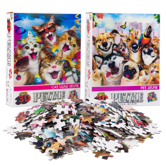 Cat Luau & Pet Selfie Set of 2 300 Piece Lenticular Jigsaw Puzzles Prime 3D
