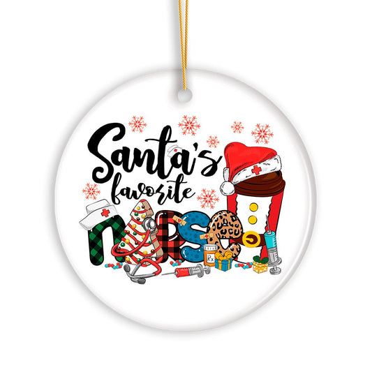 Cheerful Holiday Plaid Santa’s Favorite Nurse Christmas Ornament