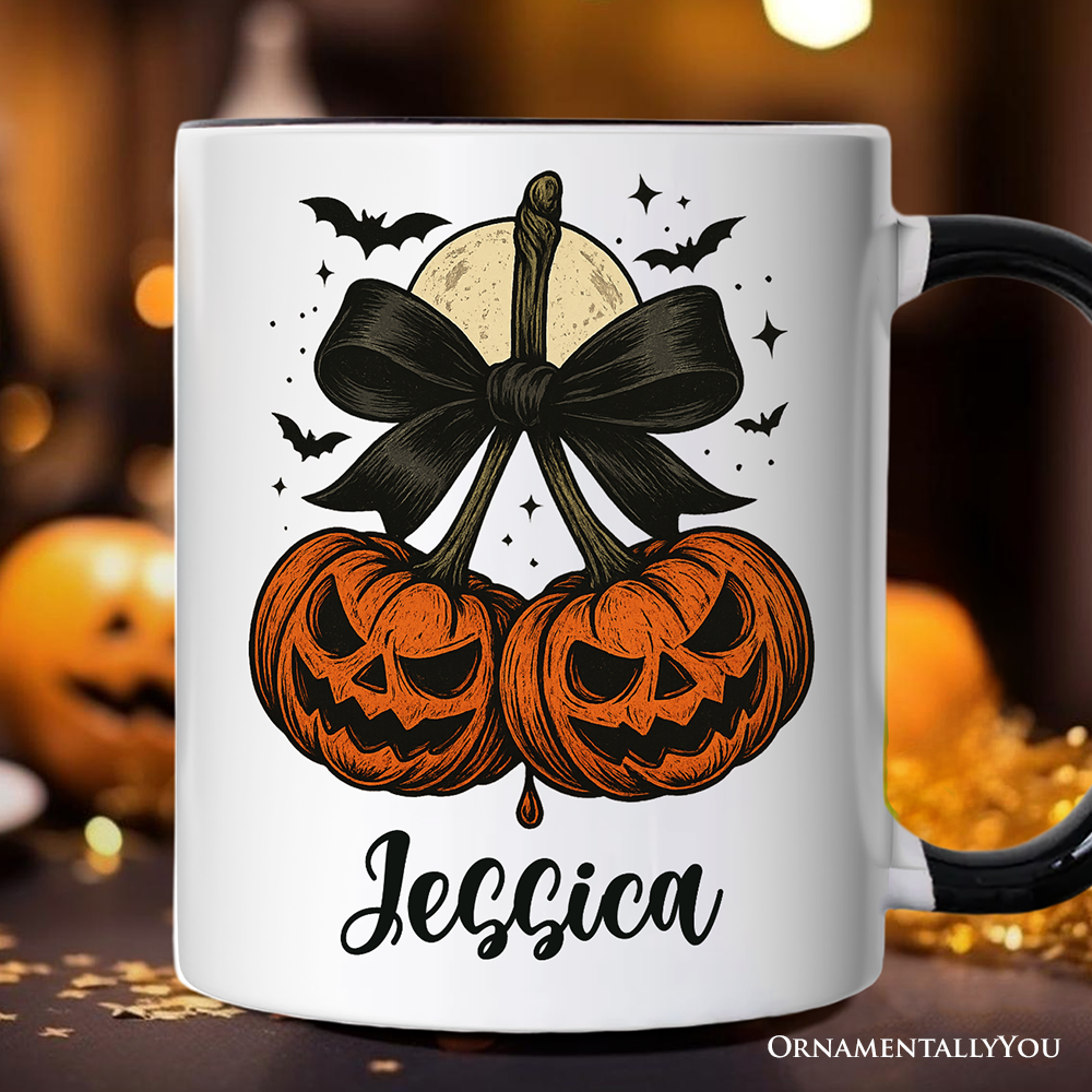 Pumpkin Cherries Coquette Bow Personalized Mug, Retro Halloween Gift with Custom Name