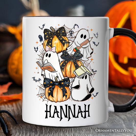 Cute Ghost Teacher Halloween Personalized Mug, Retro Boo Spooky School Gift with Custom Name