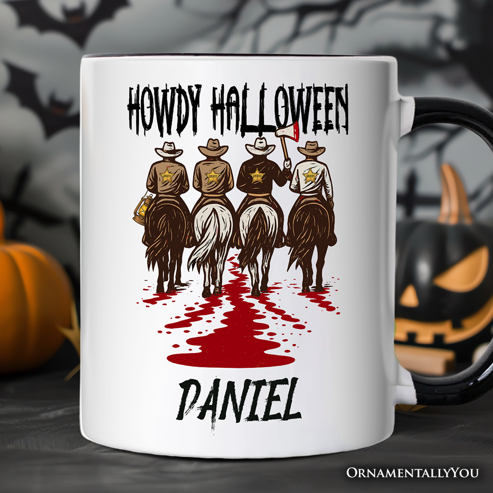 Howdy Halloween Cowboy Men Personalized Mug, Sheriff Western Riders Spooky Gift with Custom Name