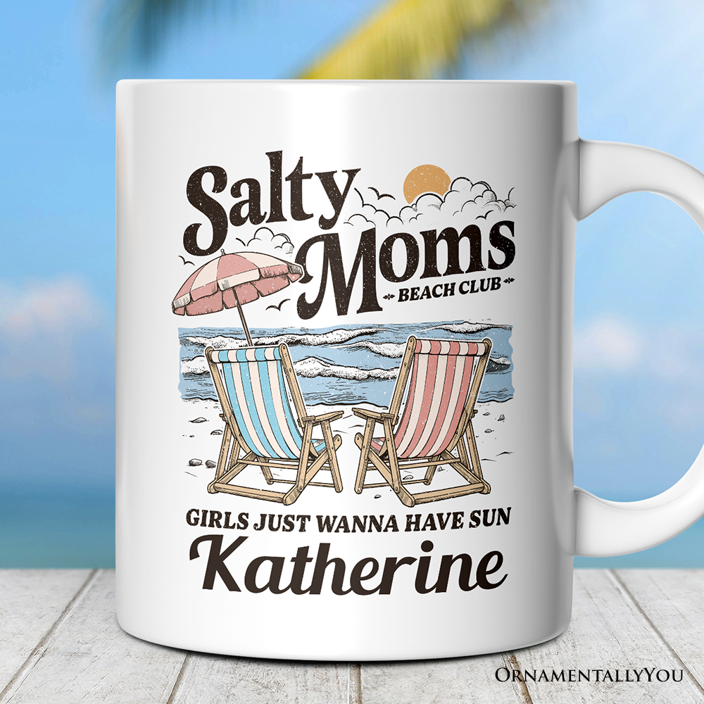 Salty Moms Beach Club Personalized Mug, Retro Summer Gift with Custom Name