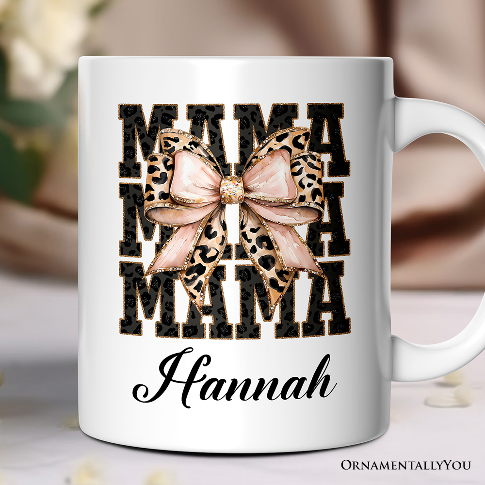Glitter Leopard Mama Personalized Mug, Coquette Bow Glam Gift with Custom Name