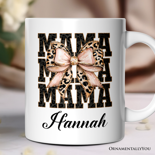Glitter Leopard Mama Personalized Mug, Coquette Bow Glam Gift with Custom Name
