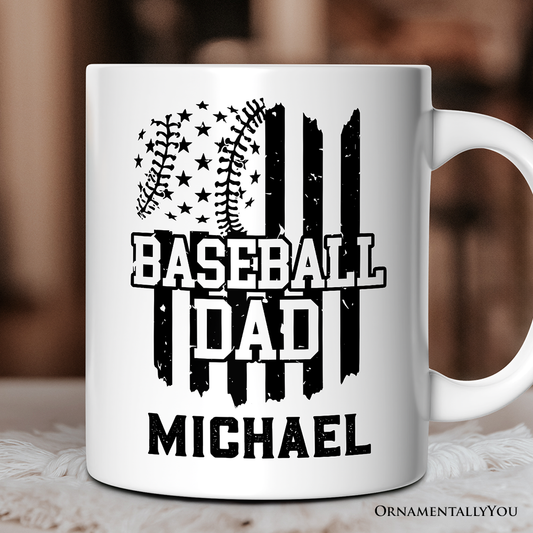 Baseball Dad Personalized Mug, Patriotic Gift for Sports Fathers with Custom Name