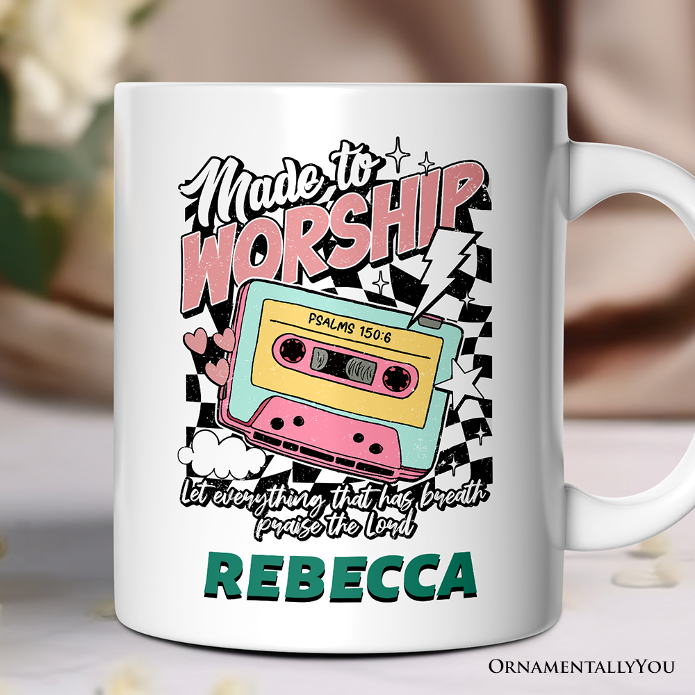 Made to Worship Christian Retro Personalized Mug, Psalm 150:6 Bible Verse Gift with Custom Name