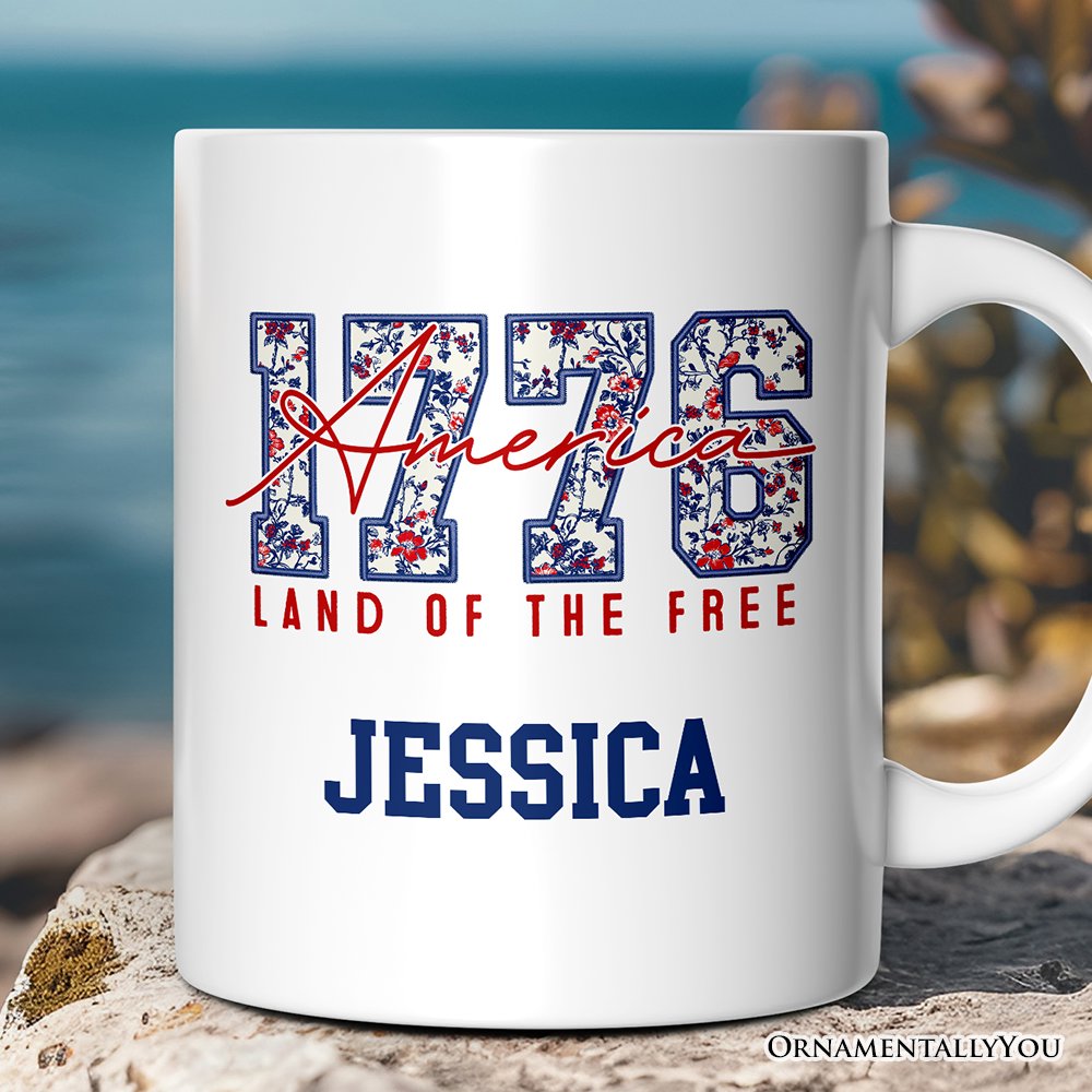 Retro America 1776 Floral Personalized Mug, Land of the Free Patriotic Gift with Custom Name