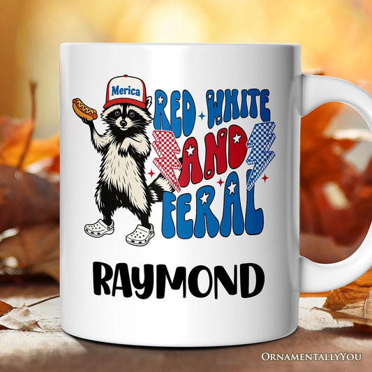 Red, White & Feral Raccoon Personalized Mug, Wild Patriot American Gift with Custom Name