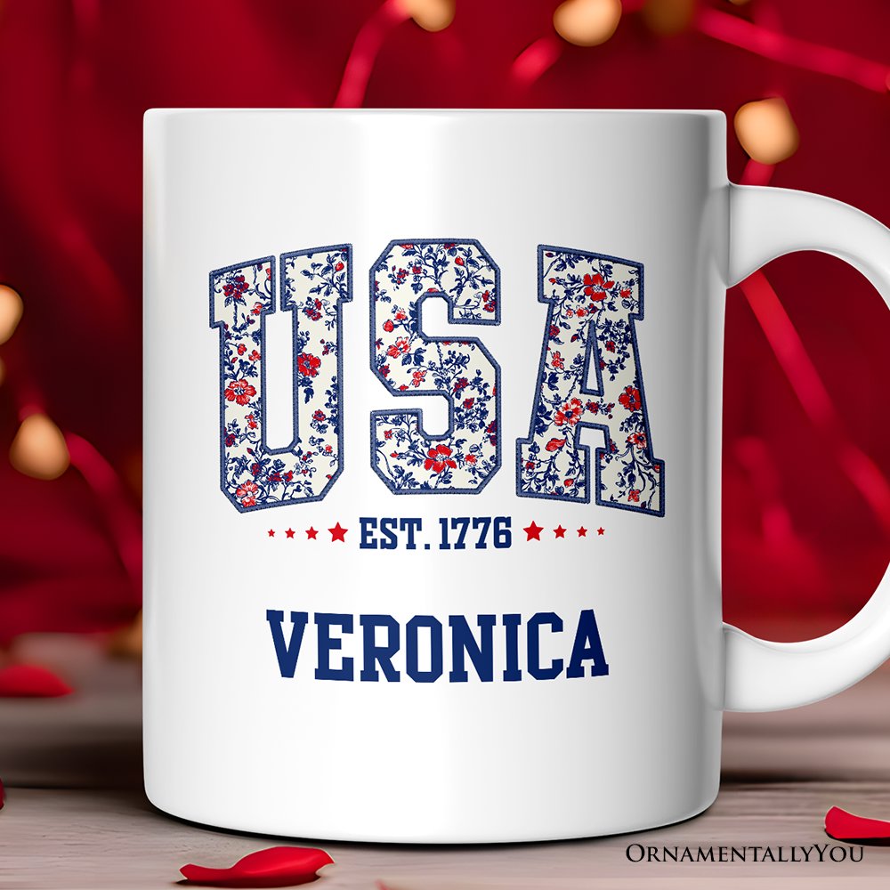 Patriotic USA Floral Personalized Mug, 1776 Independence Day Gift with Custom Name