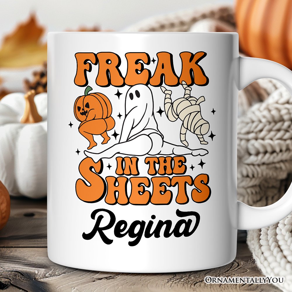 Freak in the Sheets Ghost Personalized Mug, Naughty Halloween Gift with Custom Name