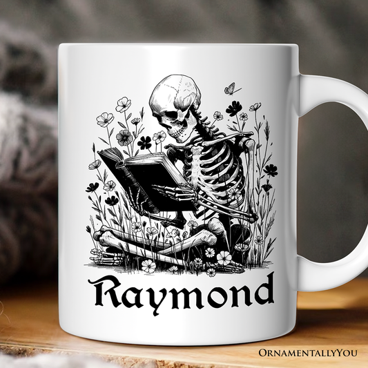 Gothic Reading Skeleton Personalized Mug, Floral Halloween Gift with Custom Name