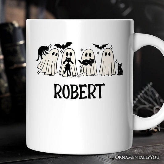 Ghosts and Cats Spooky Personalized Mug, Whimsical Halloween Gift with Custom Name