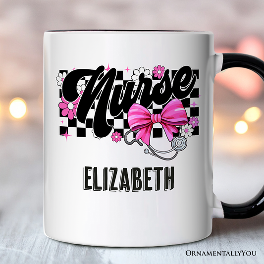 Nurse Floral Coquette Pink Bow Personalized Mug, Coquette Medical Worker Gift with Custom Name