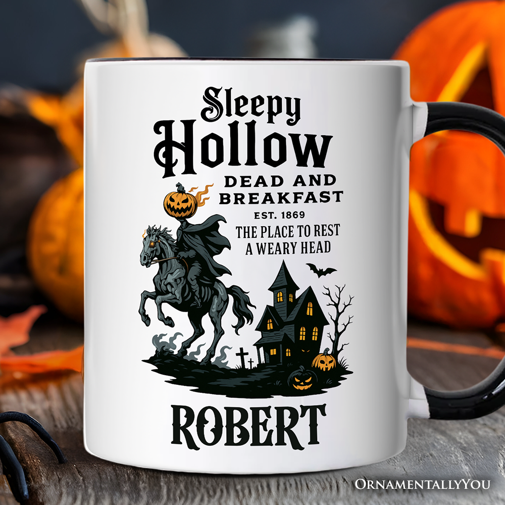 Headless Horseman Sleepy Hollow Halloween Personalized Mug, Dead and Breakfast Retro Gift with Custom Name