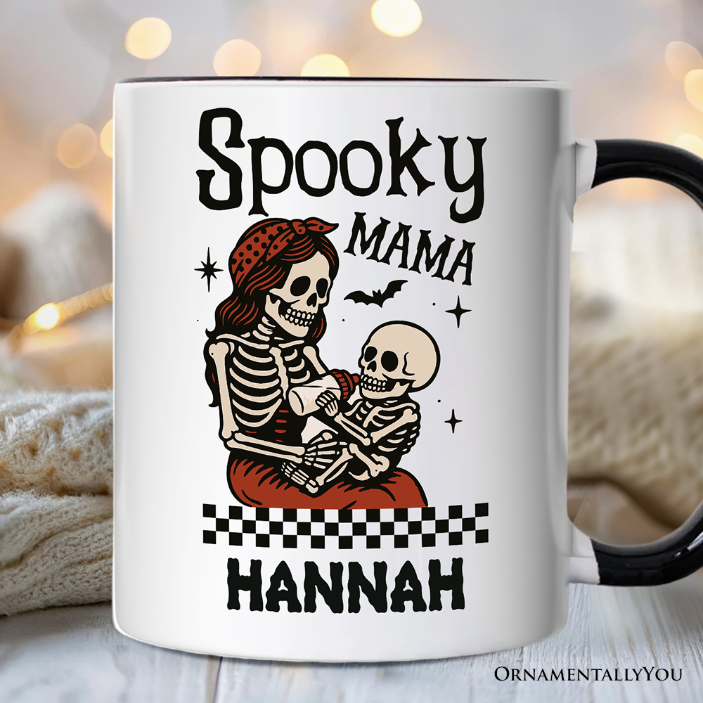 Spooky Mama Skeleton Halloween Personalized Mug, Momster Retro Checkered Gift with Custom Name