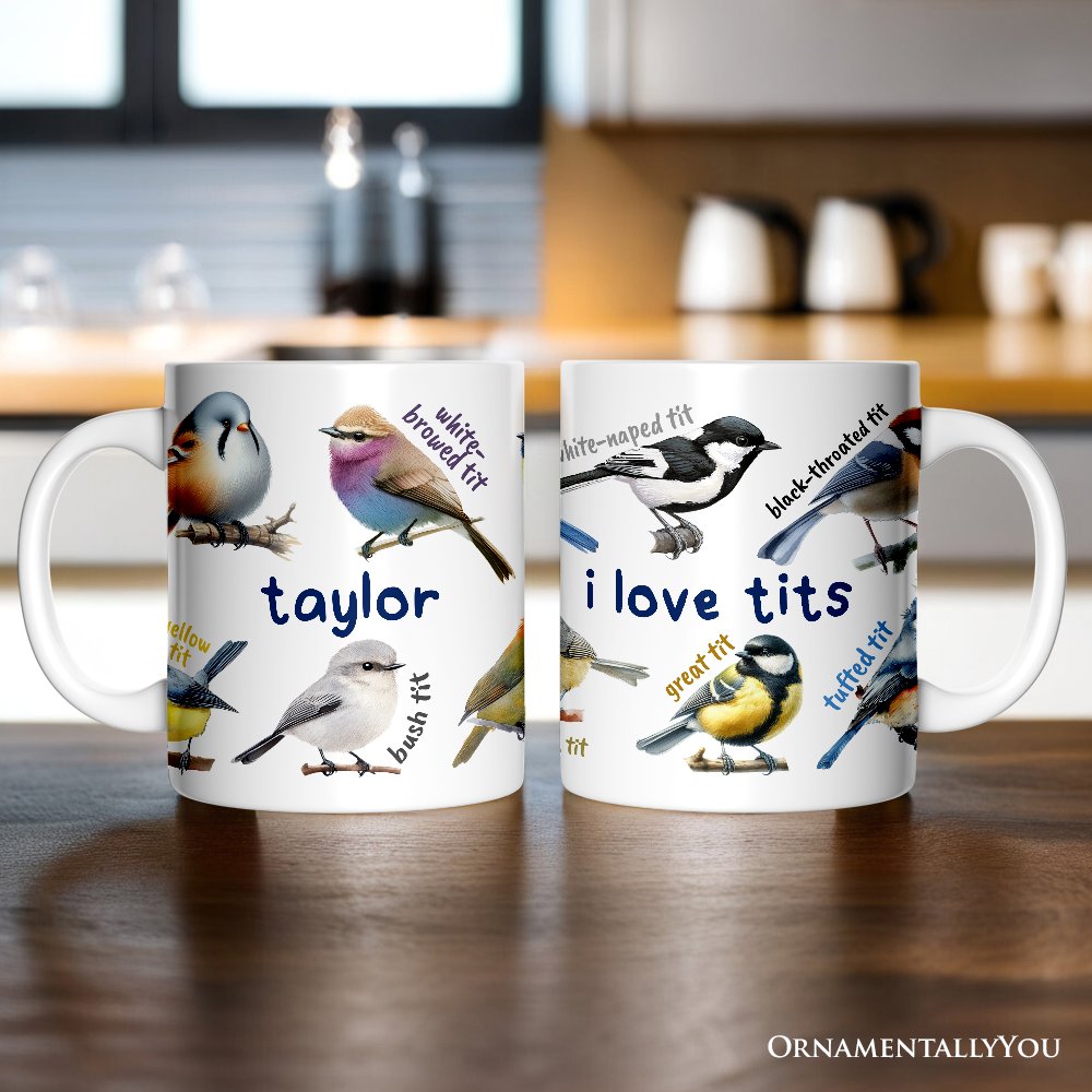 Whimsical Bird Tit Personalized Mug, Funny Birdwatcher Gift for Birder With Custom Name