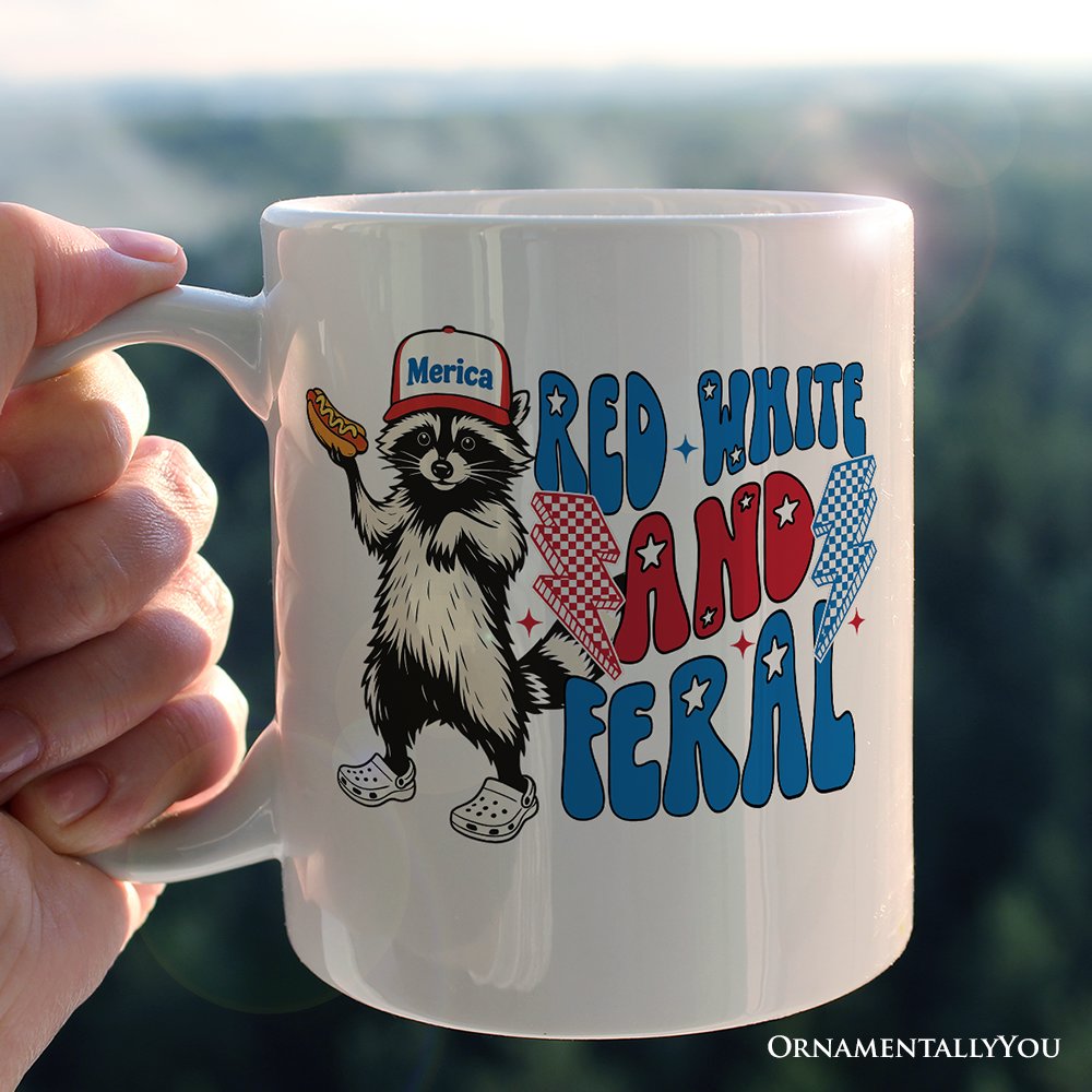 Red, White & Feral Raccoon Personalized Mug, Wild Patriot American Gift with Custom Name