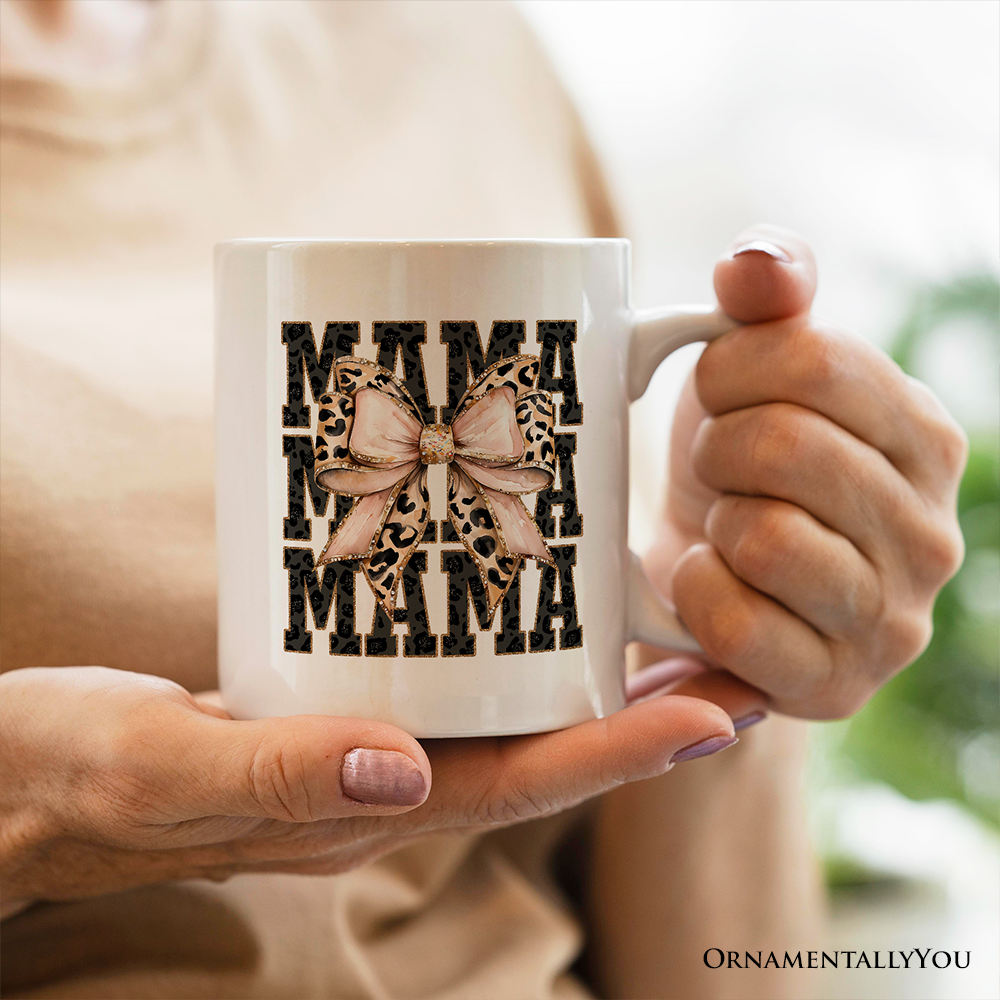 Glitter Leopard Mama Personalized Mug, Coquette Bow Glam Gift with Custom Name