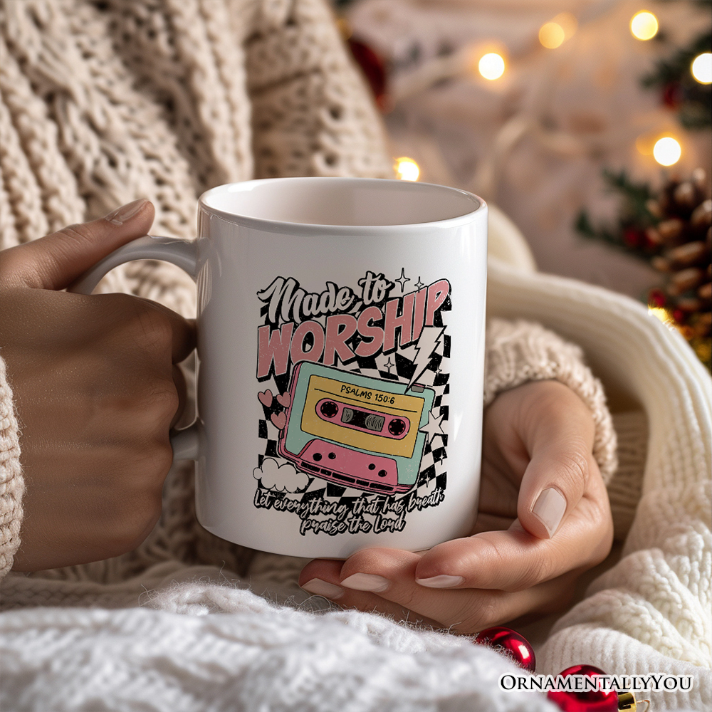 Made to Worship Christian Retro Personalized Mug, Psalm 150:6 Bible Verse Gift with Custom Name