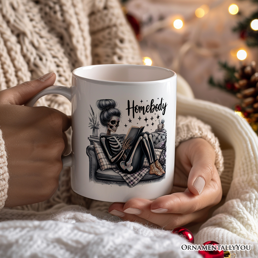 Homebody Reading Skeleton Personalized Mug, Funny Lazy Selfcare Gift with Custom Name
