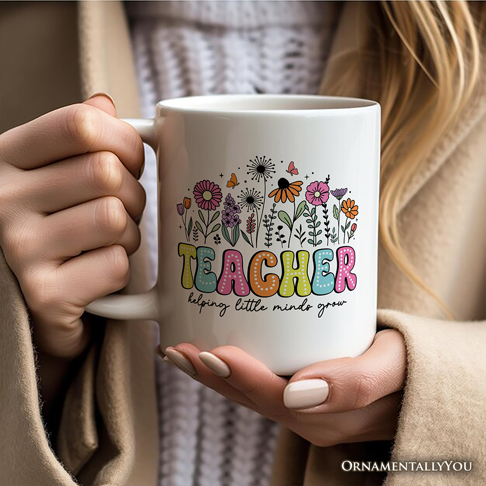 Helping Little Minds Grow Teacher Personalized Mug, Floral Appreciation Gift with Custom Name