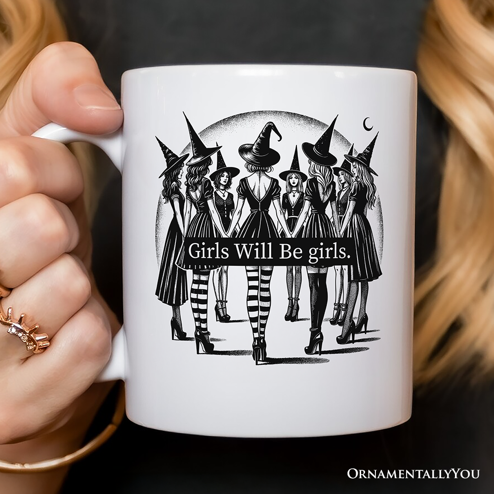 Girls Will Be Girls Personalized Mug, Witchy Halloween Gift with Custom Name for Empowered Women