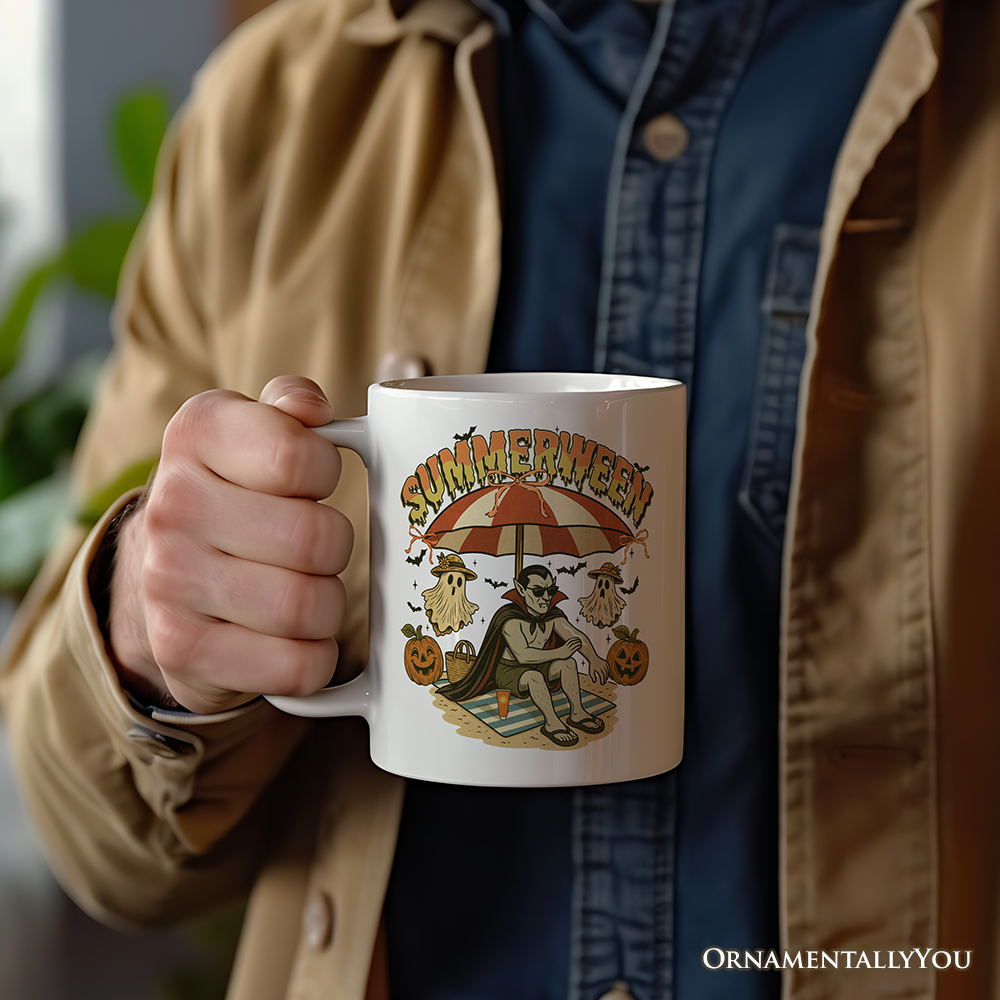 Summerween Vampire Dracula Personalized Mug, Retro Halloween Beach Gift with Custom Name for Horror Spooky Summer Season