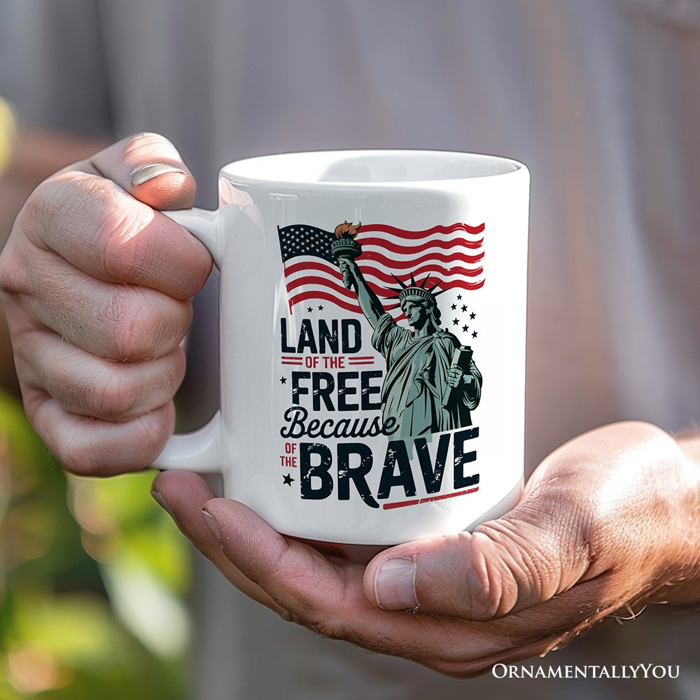 Land of the Free Because of the Brave Personalized Mug, 4th of July Statue of Liberty Gift with Custom Name